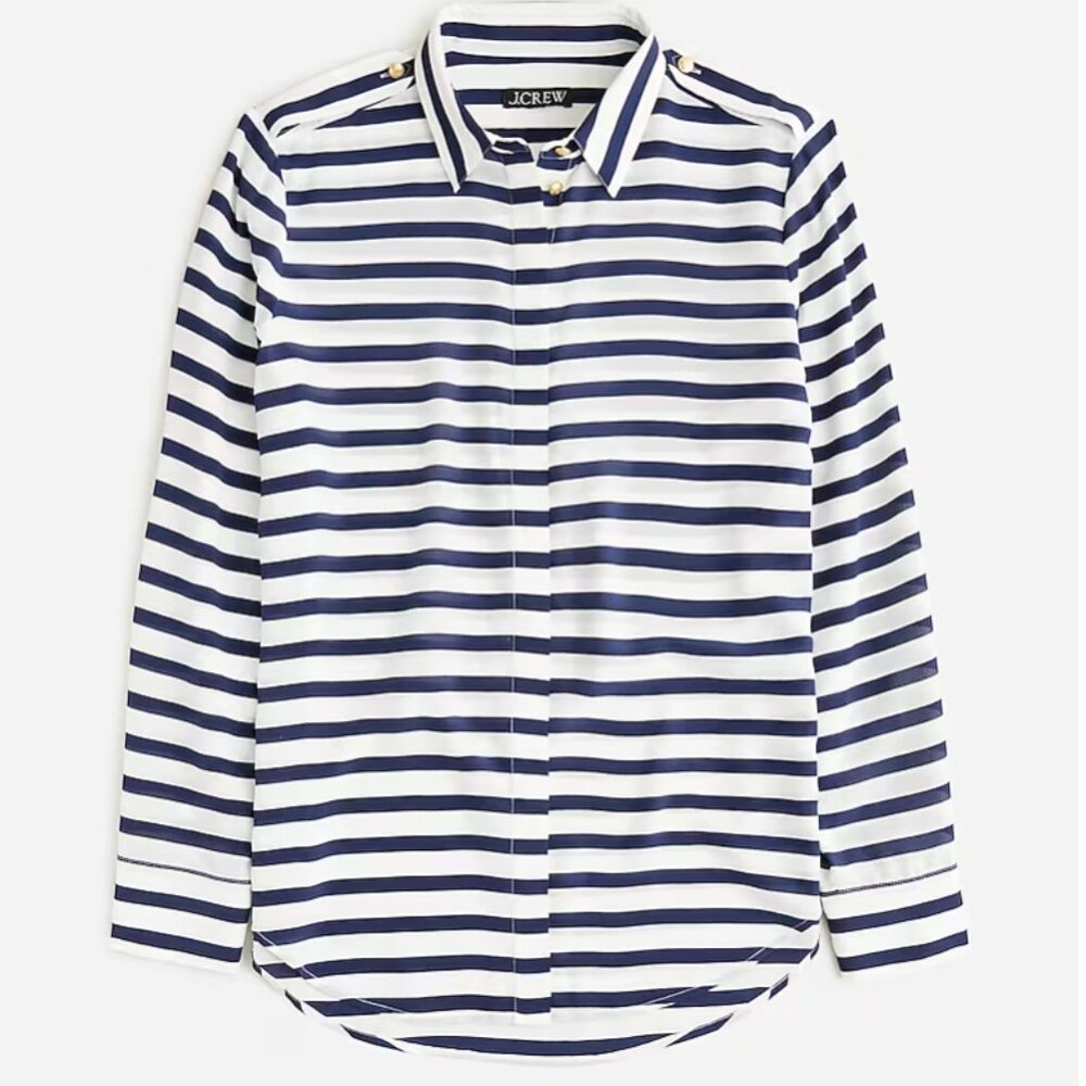 NWT J. Crew Navy Striped Button Up Silk Shirt Gold Buttons Size Medium